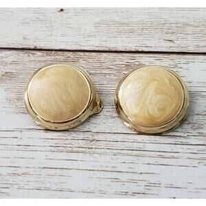 Vintage Clip On Earrings - Cream Swirl Circle with Gold Tone Halo Statement